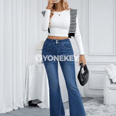 Zenanlar üçin ýokary belli giň balak jeans, çeýe, giň ýeňli, keşdeli