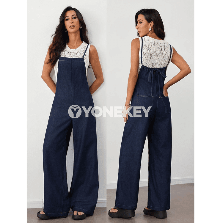 Aýallar üçin denim kombinezon köýnek, ýokary boýunli giň balakly model