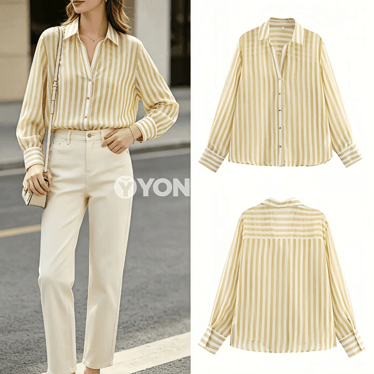 Aýal-gyzlar üçin giň kesimli sary-ak zolakly ýazky köýnek köýnekçe
