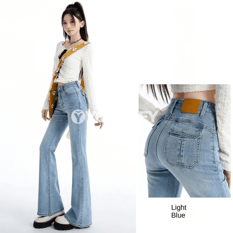 Aýal-gyzlar üçin ýokary belli giň balakly denim jinsiler