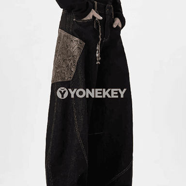 Erkekler üçin giň balakly patchwork jinsy, gündelik streetwear stil