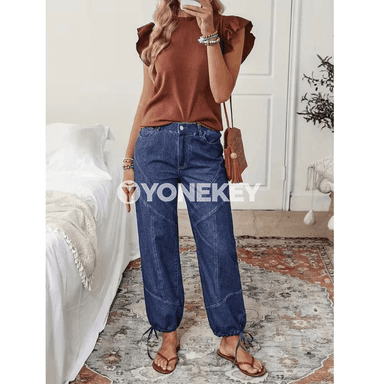Zenanlar üçin giň kesimli jeans, topukda daňylýan, uly ölçegli