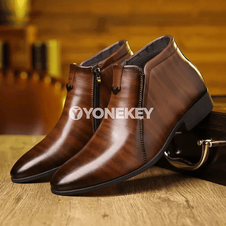 Erkekler üçin ýokary boýunly deri gyş aýakgaplary, zipli