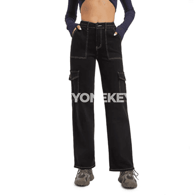 Zenanlar üçin giň kesimli ýokary belli denim jalbar