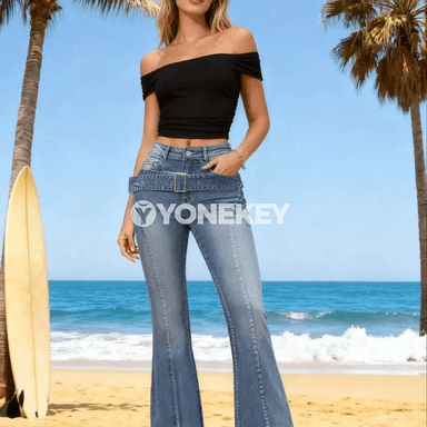 Zenanlar üçin ýokary belli giňýän jeans jalbar, döwrebap stil