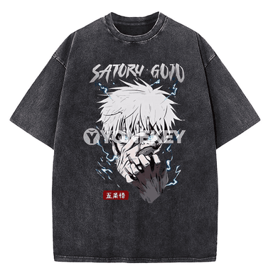 Gojo Satoru anime erkek-gyzlar üçin pagta futbolka, retro stil