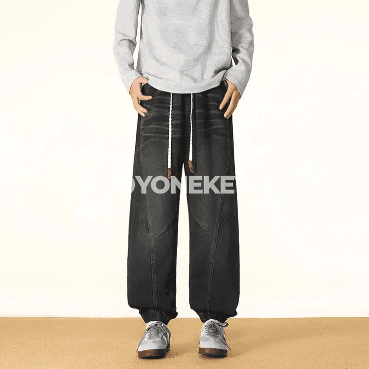 Erkekler üçin giň balažak jeans, rezin boýunly, gündelik stil
