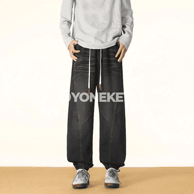 Erkekler üçin giň balažak jeans, rezin boýunly, gündelik stil