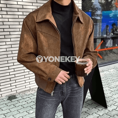 Erkekler üçin retro süet bomber kurtka, güýz ýaz üçin