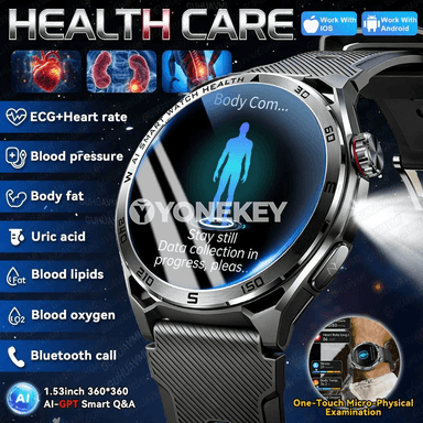AI ECG saglyk sagady, 1.53" AMOLED, gan düzümi we basyş gözegçiligi