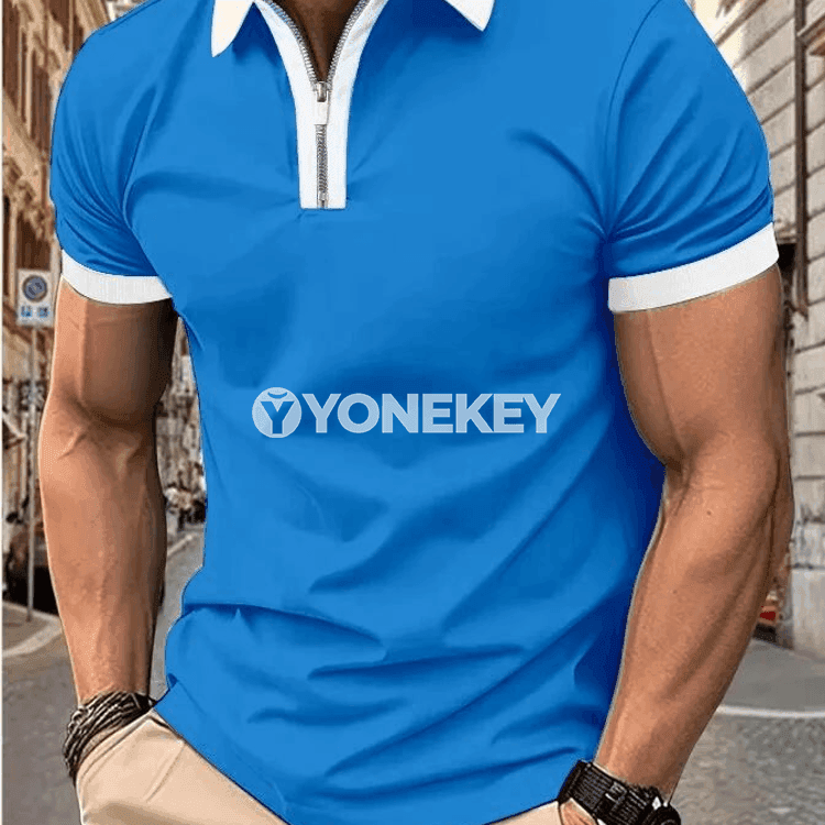 Erkekler üçin ýazky polo köýnek, fermuarly, gysga ýeňli