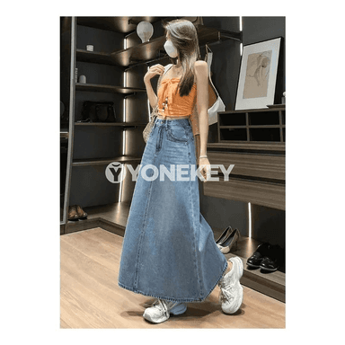 Zenanlar üçin ýokary belli denim maxi ýubka