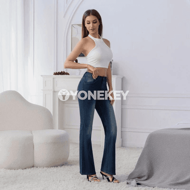 Zenanlar üçin giň balažakly ýokary bil jinsi balaklar, gök denim