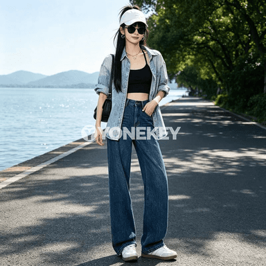 Zenanlar üçin ýokary belli giň paçaly jeans balak