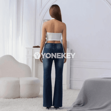 Zenanlar üçin giň balažakly ýokary bil jinsi balaklar, gök denim