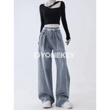 Zenanlar üçin ýokary belli giň balakly jeans, rahat kesim