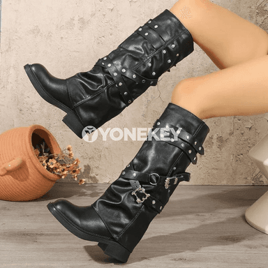 Zenanlar üçin retro ýokary boýunly botinka, ýumşak PU, orta ökjeli