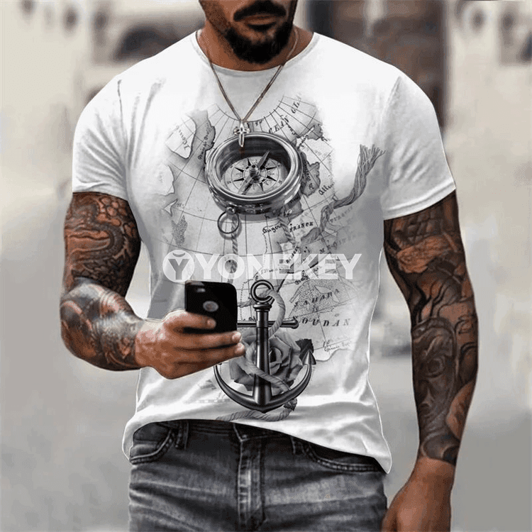 Retro kompasly köýnek, ýaz-tomus üçin giň kesimli erkek futbolkasy