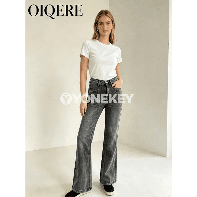 Zenanlar üçin retro giň paçly ýokary bil jeans balaklar