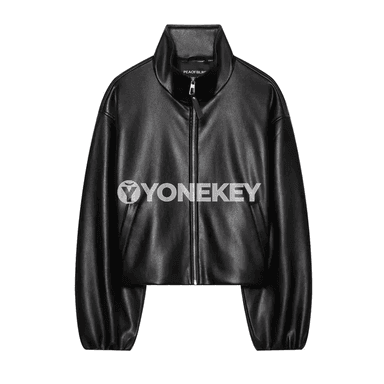 Aýal-gyzlar üçin gara deri jaket, giň boýunly, uzyn ýeňli