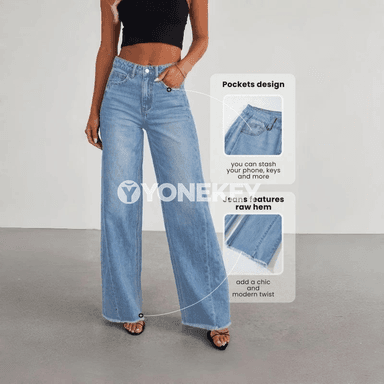 Aýal-gyzlar üçin giň gök jeans, giň balakly rahat denim