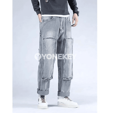 Erkekler üçin açyk gök retro giň kesimli jeans balak