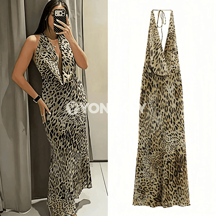 Zenanlar üçin halter leopard köýnek, tomusky uzyn ýeňsiz
