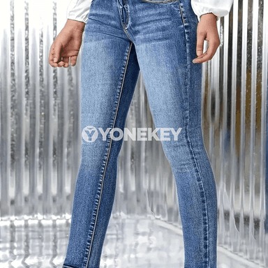 Zenanlar üçin ýokary belli dar kesimli gök denim jyns jalbar