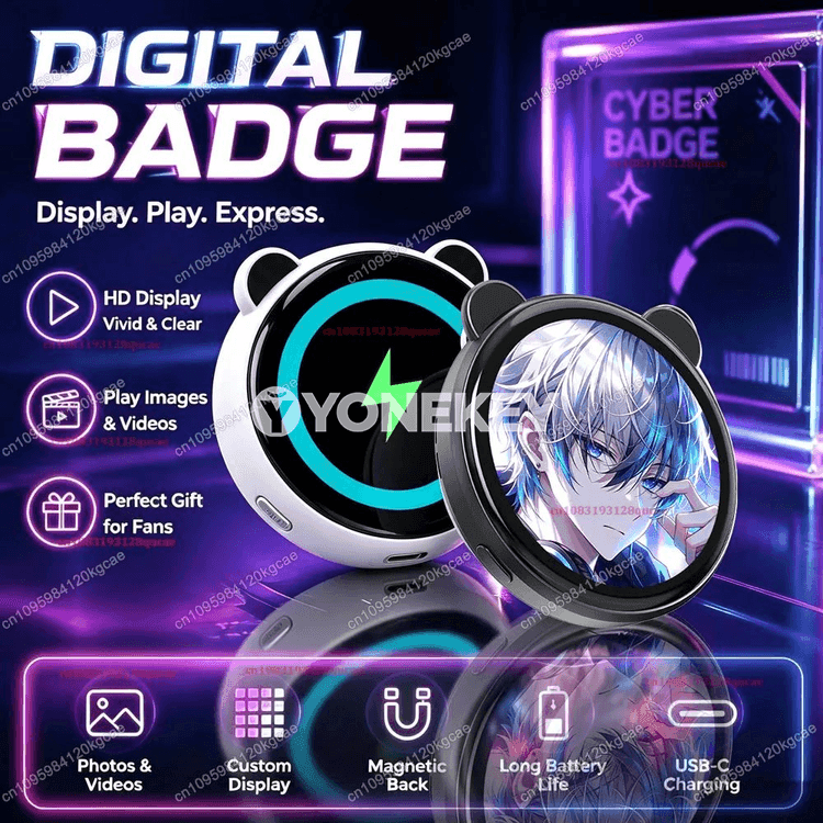 LED ekranly elektron nyşan, 1.85 dýum, wideo görkeziji, akylly badge