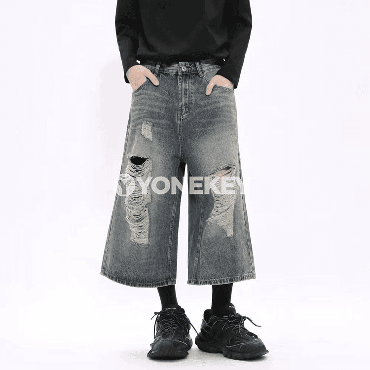 Erkekler üçin giň balakly, ýyrtyk görnüşli denim jinsy balak