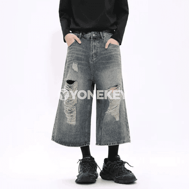 Erkekler üçin giň balakly, ýyrtyk görnüşli denim jinsy balak