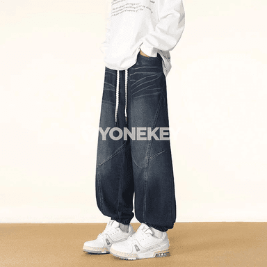 Erkekler üçin giň balažak jeans, rezin boýunly, gündelik stil