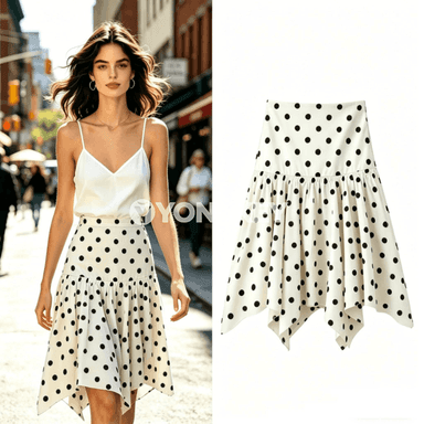 Zenanlar üçin ak-gara nokatly midi ýubka, moda, A-line