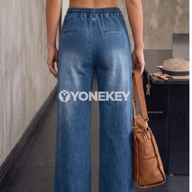 Zenanlar üçin giň kesimli ýokary belli denim jyns jalbar