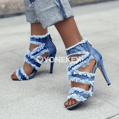 Zenanlar üçin ýazky ýokary ökjeli denim sandallar