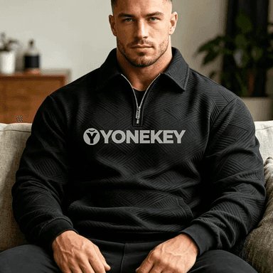 Erkekler üçin geometrik trikotaž zipli polo switer, ýyly we ýeňil