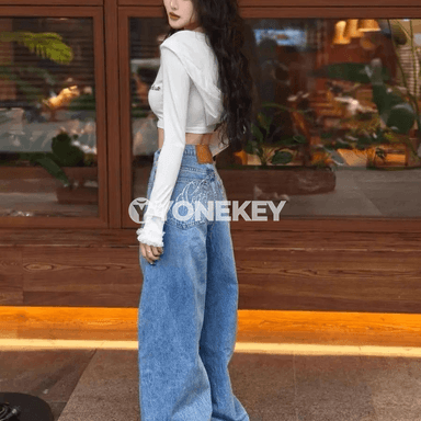 Zenanlar üçin ýokary belli giň göwrümli rahat jeans jalbar