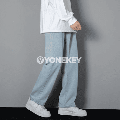 Erkekler üçin giň balakly klassiki denim jeans, gök we gara