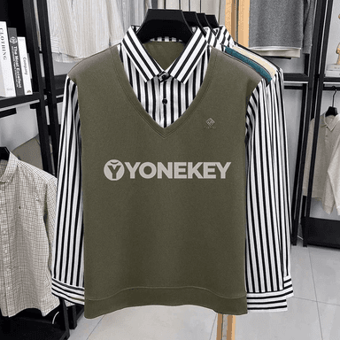 Erkekler üçin işewür-gündelik galp iki bölek uzyn ýeňli zolakly köýnekli switer vest