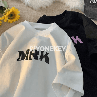 M-8XL erkek giň futbolka, MRK ýazgyly moda gündelik couple stil