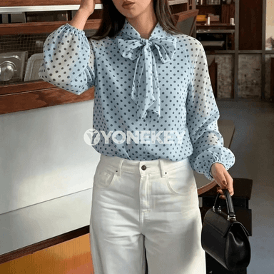 Zenanlar üçin polka nokatly elegan bluzka, ýazky ýeňli stil