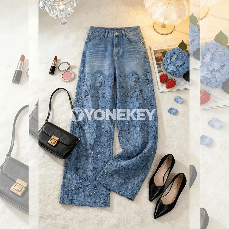 Zenanlar üçin ýokary belli giň balakly stil denim jinsy