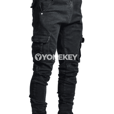 Erkekler üçin elastik denim kargo jinsylary, gündelik slim fit