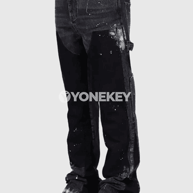 Erkekler üçin denim giň balak, elastik patchwork flared jeans
