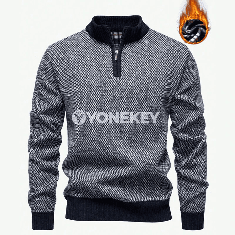 Erkekler üçin polo stilli zip boýun switer, ýyly dokalan model