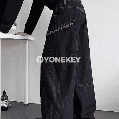 Erkekler üçin giň balakly patchwork jinsy, gündelik streetwear stil
