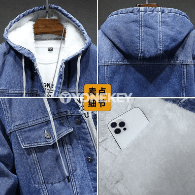 Kapýuly erkek denim penjek, gyş üçin ýyly we amatly