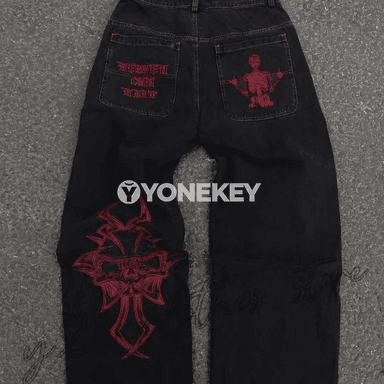 Erkekler üçin grafiti ýazgyly giň jeans balak, gündelik stil