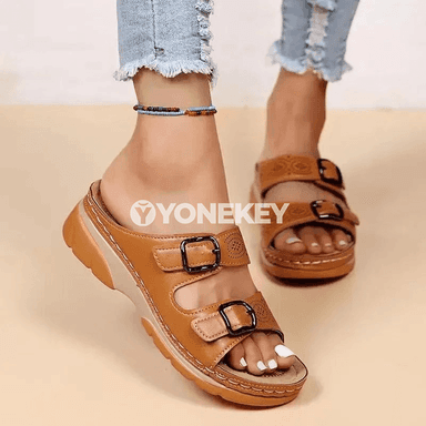 Zenanlar üçin rahat tomus şypbyklary, goşa tokaly platformaly sandal