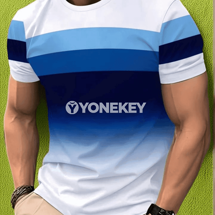 Erkekler üçin ýazky gysga ýeňli ýazgyly zolakly futbolka